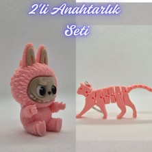3D Atölye Maker  Açık Pembe Labubu ve Açık Pembe Esnek Kedi Anahtarlık