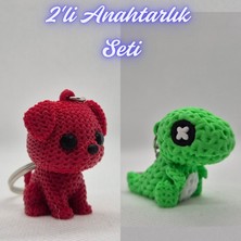 3D Atölye Maker  Kırmızı Örgü Desenli Köpek ve Yeşil Örgü Desen Hareketli Dino Anahtarlık