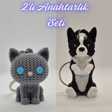 3D Atölye Maker  Gümüş Örgü Desenli Kedi ve Siyah Border Esnek Köpek Anahtarlık