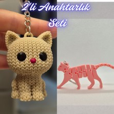 3D Atölye Maker  Krem Örgü Desenli Kedi ve Açık Pembe Esnek Kedi Anahtarlık