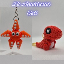 3D Atölye Maker  Turuncu Hareketli Deniz Yıldızı ve Kırmızı Örgü Desen Hareketli Dino Anahtarlık