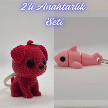 3D Atölye Maker  Kırmızı Örgü Desenli Köpek ve Açık Pembe Esnek Köpek Balığı Anahtarlık