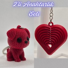 3D Atölye Maker  Kırmızı Örgü Desenli Köpek ve Kırmızı Hareketli Kalp Anahtarlık