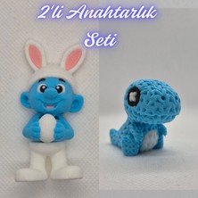 3D Atölye Maker  Şirinler ve Açık Mavi Örgü Desen Hareketli Dino Anahtarlık