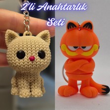 3D Atölye Maker Krem Örgü Desenli Kedi ve Mavi Garfield Anahtarlık