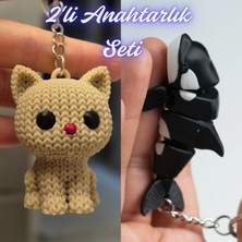 3D Atölye Maker  Krem Örgü Desenli Kedi ve Siyah Esnek Balina Anahtarlık