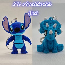 3D Atölye Maker  Mavi Esnek Stitch ve Açık Mavi Örgü Desen Triceratops Anahtarlık