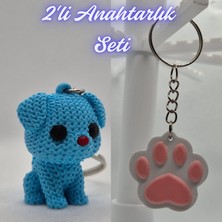 3D Atölye Maker  Açık Mavi Örgü Desenli Köpek ve Açık Pembe Kedi Patisi Anahtarlık