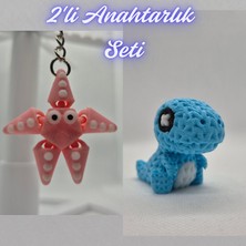 3D Atölye Maker  Pembe Hareketli Deniz Yıldızı ve Açık Mavi Örgü Desen Hareketli Dino Anahtarlık