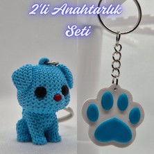 3D Atölye Maker  Açık Mavi Örgü Desenli Köpek ve Açık Mavi Kedi Patisi Anahtarlık