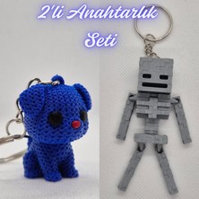 3D Atölye Maker  Mavi Örgü Desenli Köpek ve Gümüş MineCraft Skeleton Anahtarlık