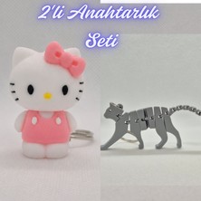 3D Atölye Maker  Beyaz Hello Kitty ve Gümüş Esnek Kedi Anahtarlık