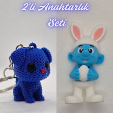 3D Atölye Maker Mavi Örgü Desenli Köpek ve Açık Mavi Şirinler Anahtarlık