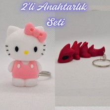 3D Atölye Maker  Beyaz Hello Kitty ve Kırmızı Esnek Ejder Anahtarlık