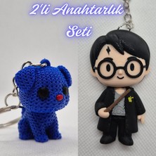3D Atölye Maker  Mavi Örgü Desenli Köpek ve Harry Potter Anahatarlık Anahtarlık