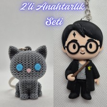 3D Atölye Maker  Gümüş Örgü Desenli Kedi ve Harry Potter Anahatarlık Anahtarlık