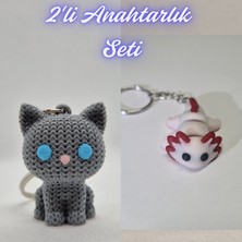 3D Atölye Maker  Gümüş Örgü Desenli Kedi ve Açık Pembe Esnek Axolot Anahtarlık