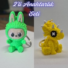 3D Atölye Maker  Yeşil Labubu ve Sarı Örgü Desen Triceratops Anahtarlık