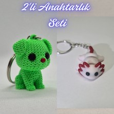 3D Atölye Maker  Açık Yeşil Örgü Desenli Köpek ve Açık Pembe Esnek Axolot Anahtarlık