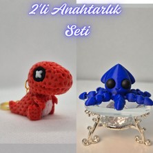 3D Atölye Maker  Kırmızı Örgü Desen Hareketli Dino ve Mavi Kalamar Anahtarlık