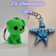 3D Atölye Maker  Açık Yeşil Örgü Desenli Köpek ve Açık Mavi Hareketli Deniz Yıldızı Anahtarlık