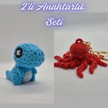 3D Atölye Maker  Açık Mavi Örgü Desen Hareketli Dino ve Pembe Ahtapot  Anahtarlık