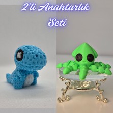3D Atölye Maker  Açık Mavi Örgü Desen Hareketli Dino ve Açık Yeşil Kalamar Anahtarlık