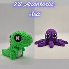 3D Atölye Maker  Yeşil Örgü Desen Hareketli Dino ve Mor Örgü Desen Ahtapot Anahtarlık
