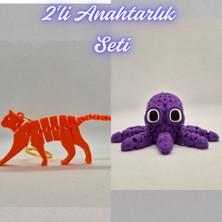3D Atölye Maker  Turuncu Esnek Kedi ve Mor Örgü Desen Ahtapot Anahtarlık