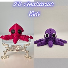 3D Atölye Maker  Kırmızı Kalamar ve Mor Örgü Desen Ahtapot Anahtarlık
