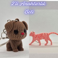 3D Atölye Maker  Koyu Kahverengi Örgü Desenli Köpek ve Açık Pembe Esnek Kedi Anahtarlık
