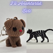 3D Atölye Maker  Koyu Kahverengi Örgü Desenli Köpek ve Siyah Esnek Kedi Anahtarlık