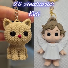3D Atölye Maker  Krem Örgü Desenli Kedi ve Kanatlı Masal Çocuk Anahtarlık
