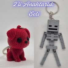 3D Atölye Maker  Kırmızı Örgü Desenli Köpek ve Gümüş MineCraft Skeleton Anahtarlık