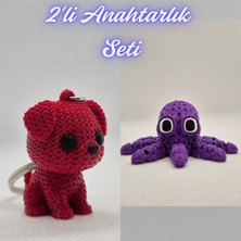 3D Atölye Maker Itfaiye Kırmızısı Örgü Desenli Köpek ve Mor Örgü Desen Ahtapot Anahtarlık
