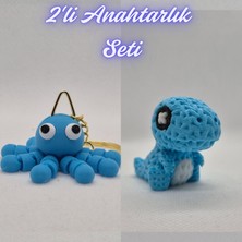 3D Atölye Maker  Açık Mavi Şaşkın Ahtapot ve Açık Mavi Örgü Desen Hareketli Dino Anahtarlık
