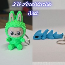 3D Atölye Maker  Yeşil Labubu ve Açık Mavi Esnek Ejder Anahtarlık