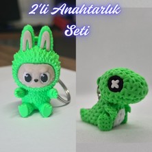 3D Atölye Maker  Yeşil Labubu ve Yeşil Örgü Desen Hareketli Dino Anahtarlık