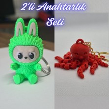 3D Atölye Maker  Yeşil Labubu ve Pembe Ahtapot  Anahtarlık