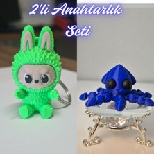 3D Atölye Maker  Yeşil Labubu ve Mavi Kalamar Anahtarlık
