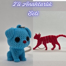 3D Atölye Maker  Açık Mavi Örgü Desenli Köpek ve Kırmızı Esnek Kedi Anahtarlık