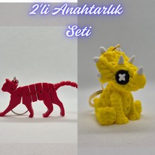 3D Atölye Maker  Kırmızı Esnek Kedi ve Sarı Örgü Desen Triceratops Anahtarlık