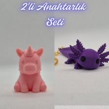 3D Atölye Maker  Açık Pembe Unicorn ve Mor Esnek Büyük Axolot Anahtarlık