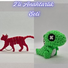 3D Atölye Maker  Kırmızı Esnek Kedi ve Yeşil Örgü Desen Hareketli Dino Anahtarlık