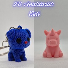 3D Atölye Maker  Mavi Örgü Desenli Köpek ve Açık Pembe Unicorn Anahtarlık