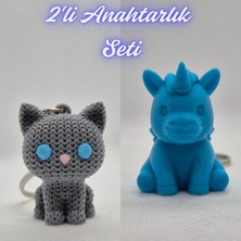 3D Atölye Maker  Gümüş Örgü Desenli Kedi ve Mavi Unicorn Anahtarlık