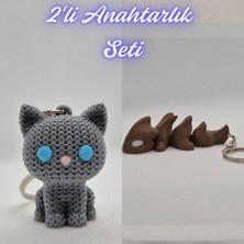 3D Atölye Maker Gümüş Örgü Desenli Kedi ve Koyu Kahverengi Esnek Ejder Anahtarlık