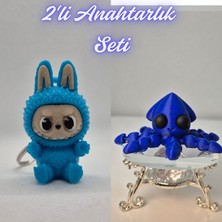 3D Atölye Maker  Açık Mavi Labubu ve Mavi Kalamar Anahtarlık