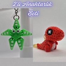 3D Atölye Maker  Yeşil Hareketli Deniz Yıldızı ve Kırmızı Örgü Desen Hareketli Dino Anahtarlık