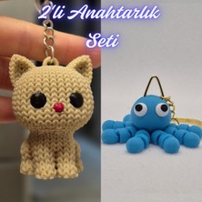3D Atölye Maker  Krem Örgü Desenli Kedi ve Açık Mavi Şaşkın Ahtapot Anahtarlık